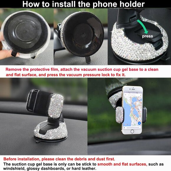 Bling Car Phone Holder, 360°Adjustable Universal Rhinestone Crystal Auto Phone M - Picture 3 of 7